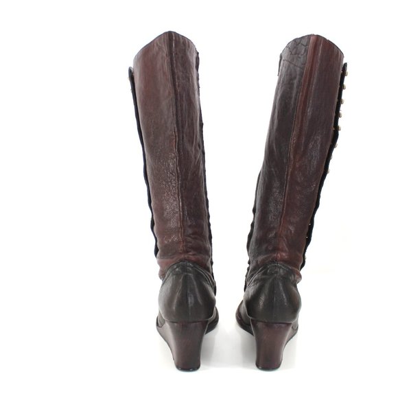 Calleen Cordero Knee High Boots 6.5 Black Brown Leather Brass Button Wedge Heel - Picture 9 of 15